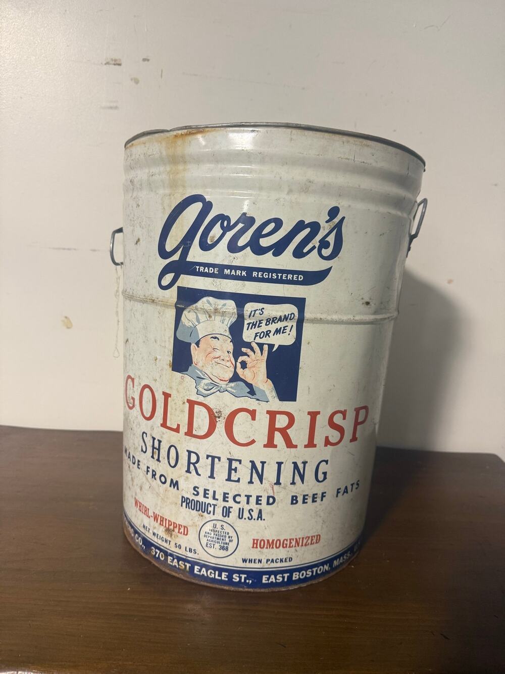 Vintage Goren’s Gold Crisp Shortening 50 Lb Tin Can W/ Chef Logo Graphic - SO